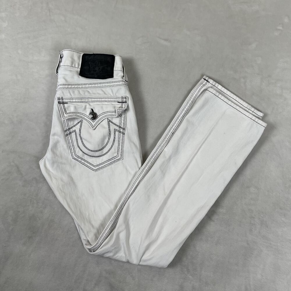 True Religion Ricky QT Jeans Mens 28x34 White Straight Embroidered Denim USA